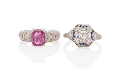 TWO PLATINUM, WHITE GOLD, SAPPHIRE AND DIAMOND RINGS