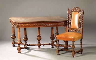 Table group/table with 6 chairs, historicism, around 1870, solid oak,...