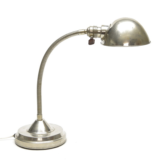 Table lamp "Gooseneck"with flexible metal tube and chromed metal base...
