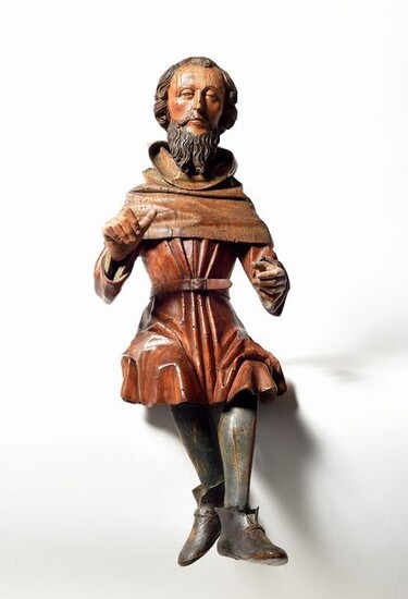 The Rare representation of a musician in linden carved in polychrome and gold representing a seated figure holding a musical instrument that has now disappeared. Nice realistic treatment of the face, hands and clothing. Surrounding Erasmus Grasser...