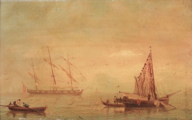Théodore Gudin (1802-1880) Attribué à Scène de voiliers avec barque Huile sur panneau Signature apocryphe...