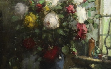 Theodorus van Oorschot (1910-1989), gesign. r.o., bloemstilleven met rozen, olieverf op...