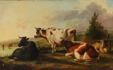 Thomas Sidney Cooper, circle of, 19th century: A pair of landscapes with grazing cattle. Unsigned. Oil on canvas. 47×85 cm each. (2).