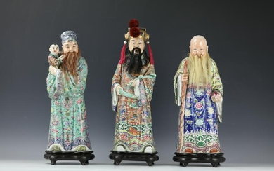 Three Chinese Famille Rose Porcelain Statues Fu Lu Shou