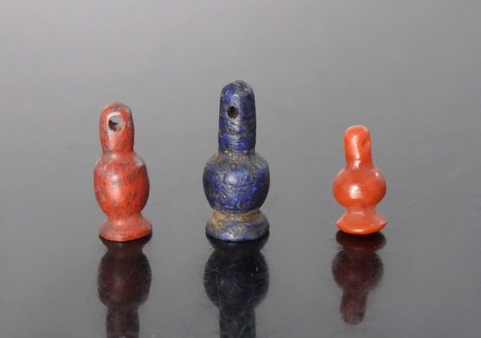 Three Egyptian Hard Stone Seed Vessel Amulets - 10mm to 15mm height