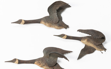 Three Small Painted Carvings of Flying Canada Geese