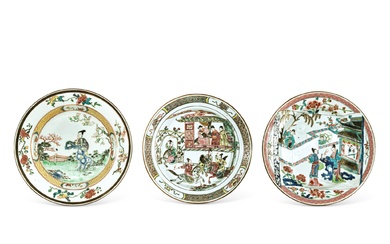 Three famille-rose 'figural' dishes, Qing dynasty, Yongzheng period | 清雍正 粉彩人物故事圖盤一組三件