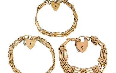Three gate link bracelets, of varying design, one with deficiencies, two with 9ct gold padlock clasps, London hallmarks, 1961 and 1972, total gross weight 46.0g