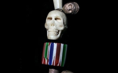 Tibetan Shell and Glass Bead Necklace with Skull Motif