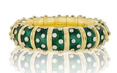 Tiffany & Co. Schlumberger Platinum & 18K Yellow Gold Green Enamel Diamond Bangle Bracelet