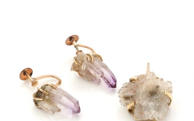 SOLD. Toftegaard: Amethyst ear screws and quartz pendant, mounted in 14k gold. Pendant L. 3.3...