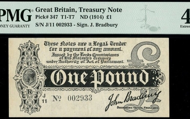 Treasury Series, John Bradbury, first issue £1, ND (7 August 1914), serial number J/11 002933,...