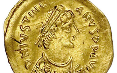 Tremissis 527/565, Constantinopel. Herrscherbüste mit Diadem n.r./Victoria mit Kranz und...