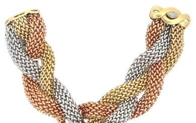 Tri-Color Gold Woven Braided Bracelet 14 Karat Gold 42.6 Grams Diamond Clasp