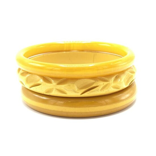 Trio Yellow Bakelite Bangle Bracelets Incl Carved