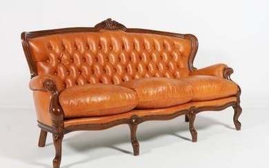 Tufted cognac leather carved sofa - Louis XVI Style