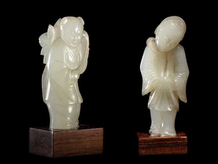 Two Carved Pale Celadon Jade Figures