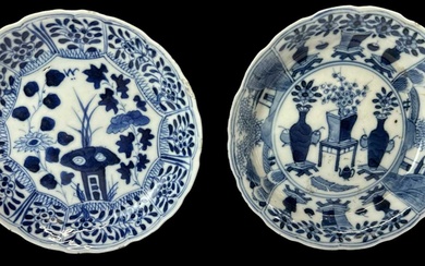 Two Chinese blue and white porcelain dishes, each with floral...