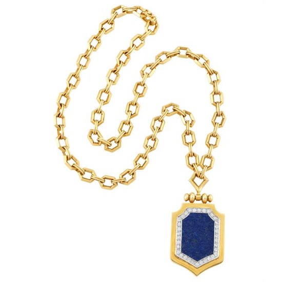 Two-Color Gold, Lapis Lazuli and Diamond Pendant-Necklace