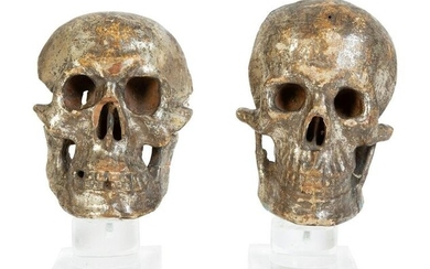 Two Italian Silvered Wood Memento Mori Skulls Height of