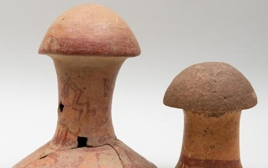 Two Mayan Painted Terracotta Mushroom Stones