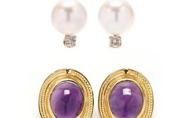 Two Pairs of Gold and Gem-Set Earrings
