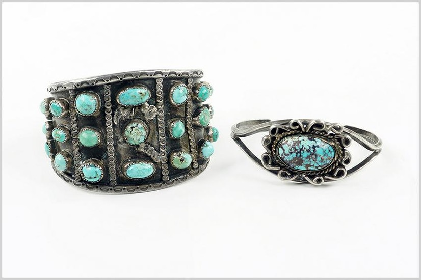 Two Silver and Turquoise Cuff Bracelets.