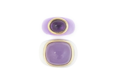 Two White Agate, Cabochon Amethyst, Lavender Jade and Gold Rings