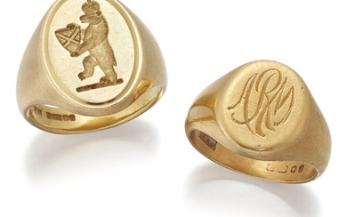 Two gold signet rings, intaglio engraved with a crest and entwined initials respectively, British hallmarks for 18-carat gold.