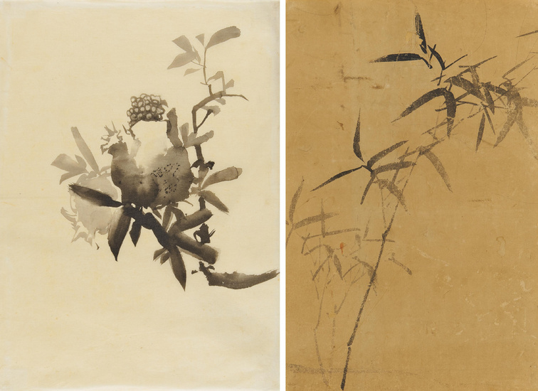 Two ink paintings with bamboo and pomegranate