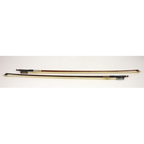 Two violin Bows, The first nickel mounted and stamped P. R. ...