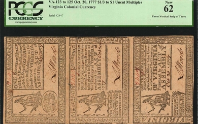 Uncut Vertical Strip of (3). VA-123 to 125. Virginia. October 20, 1777. $1/3 to $1. PCGS Currency New 62.