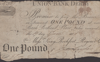 Union Bank Derby, for King, Rochfort, Rogers & Co., £1, 19 June...