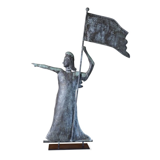 VERY FINE AND RARE MOLDED FULL-BODIED SHEET COPPER AND ZINC GODDESS OF LIBERTY WEATHERVANE, NORTHEASTERN UNITED STATES, CIRCA 1915