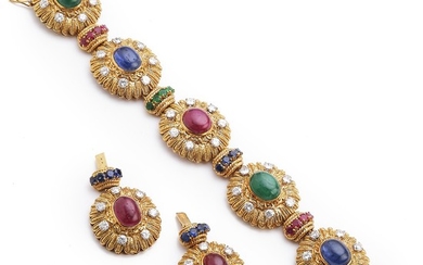 Van Cleef & Arpels: A ruby, sapphire, emerald and diamond jewellery set of 18k gold comprising a bracelet and two pendants. Signed. Serial no. 99839. Paris.