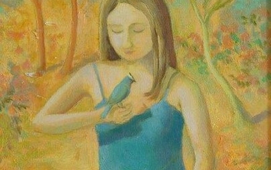 Vicki Golden, British b.1970- Figure with blue bird, 2008; oil on canvas, signed with initials lower right, bears inscribed label attached to the reverse, 36 x 30 cm (ARR)