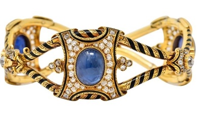 Victorian French 32.04 CTW Sapphire Diamond Enamel 18 Karat Gold Bracelet