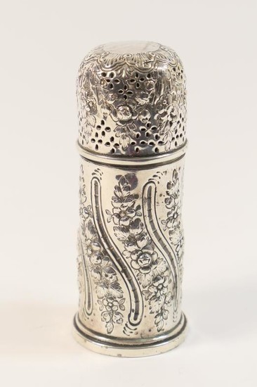 Victorian silver sugar sifter, London 1889, cylinder form repousse...