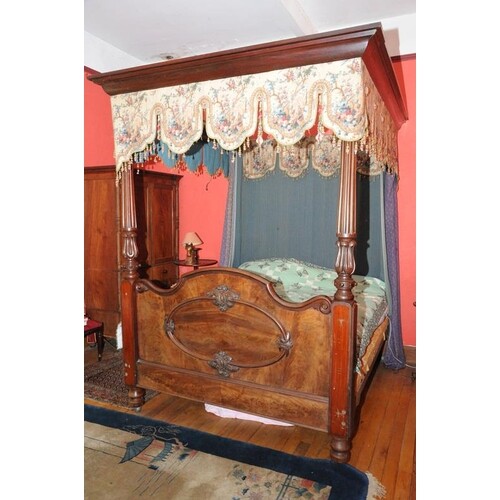 Victorian walnut four poster bed with turned reeded columns,...
