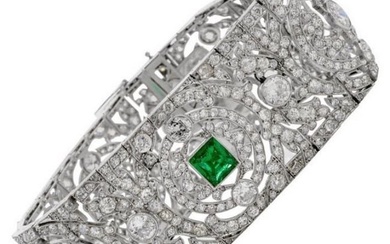 Vintage Art Deco European Diamond Emerald Platinum Wide Filigree Bracelet