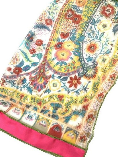Vintage ETRO Silk Floral Shawl w Block Color Trim