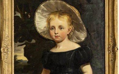 WILLIAM OWEN (BRITISH, RA 1769-25) OIL ON CANVAS, H 30" W 23" PORTRAIT OF A YOUNG LADY IN A LARGE HAT