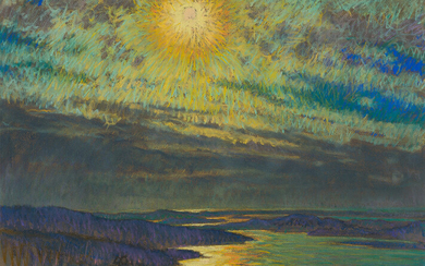 WILLIAM S. HORTON A Coastal Scene at Sunset. Color pastels on grayish tan...