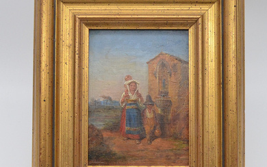WOMAN WITH CHILDREN, UNKNOWN ARTIST, 19TH CENTURY, OIL ON WOOD, MONOGRAMMED “AB”.