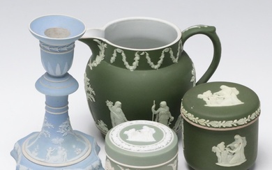 Wedgwood Blue Jasperware Candlesticks with Sage and Olive Green Tableware