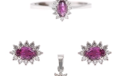 White gold set, consisting of ring, pair of earrings and pendant, decorated with pink sapphires...