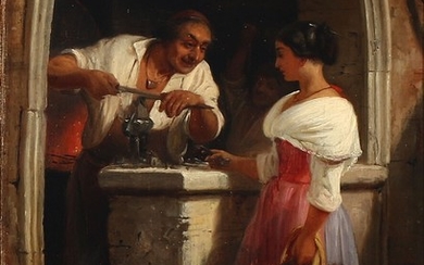 Wilhelm Marstrand: A young Italian girl having her knife sharpended at the blacksmith. Oil on canvas. 31×23 cm.