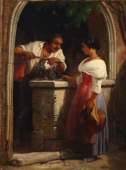 Wilhelm Marstrand: A young Italian girl having her knife sharpended at the blacksmith. Oil on canvas. 31×23 cm.