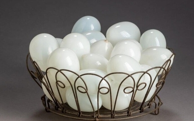 Wire Basket of Milk Glass Eggs.