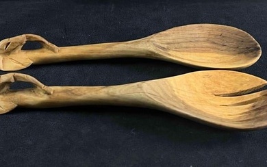 Wood Carved Spoon and For w Elephant Head Carving
